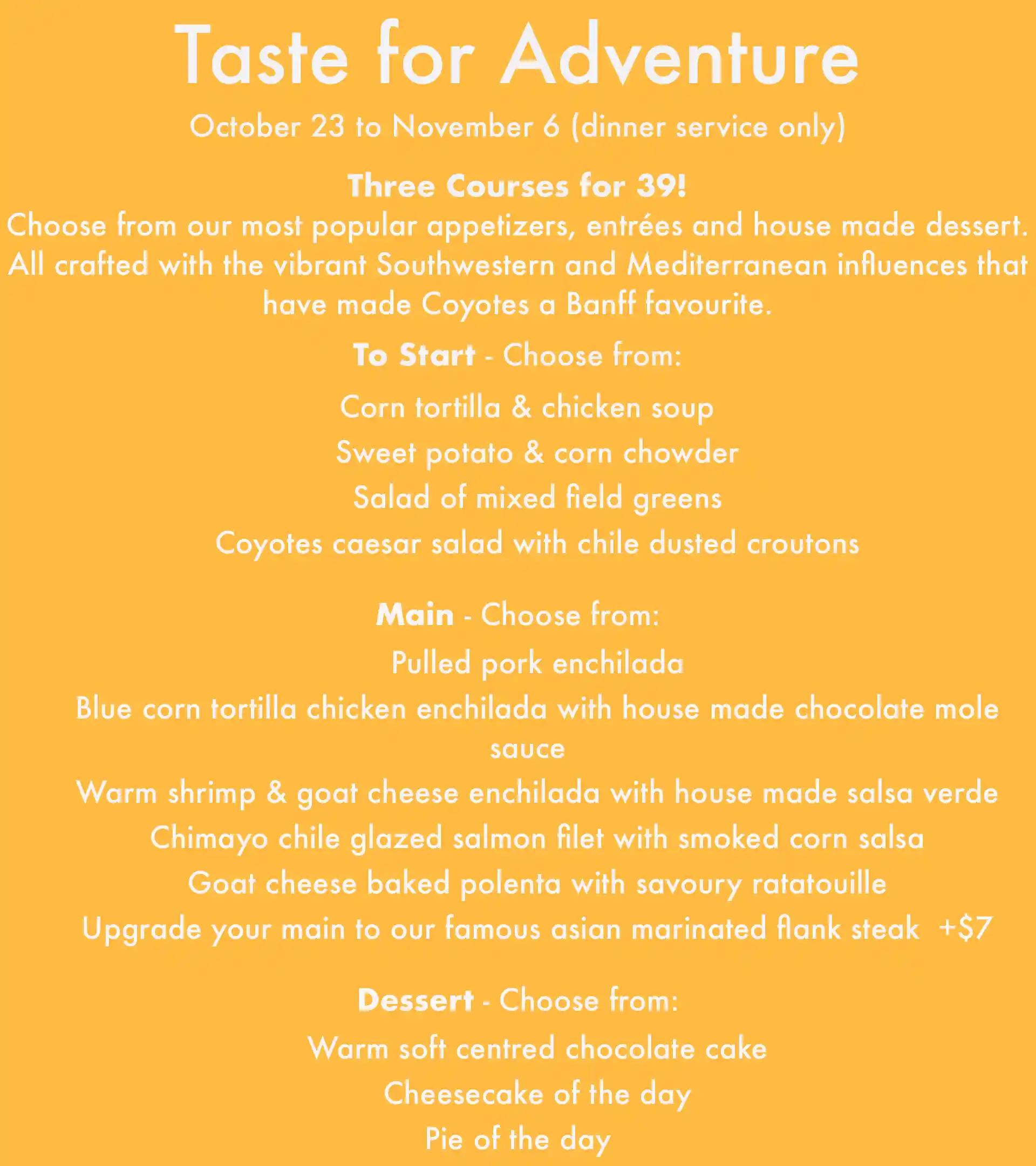 Taste for Adventure 2025_02 Coyotes Banff three-course menu special — appetizer, entrée, and dessert for $39